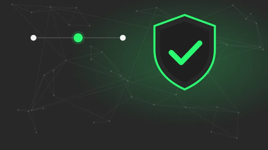 Ilustração de um escudo com marca de verificação sobre uma rede de conexões, representando a cadeia de suprimentos das carteiras Trezor