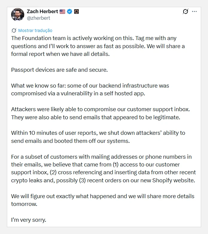 Print do post de Zach Herbert, CEO da Foundation, no X explicando a invasão da infraestrutura da empresa